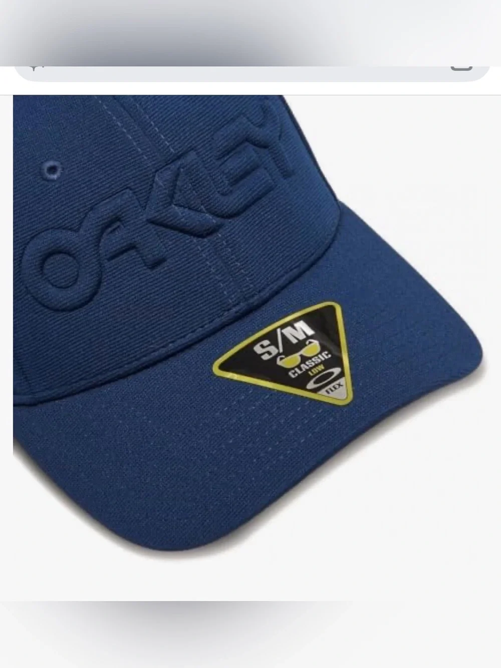 Oakley Men's Navy Blue Oakley 6 Panel Stretch Hat Embossed Fitted cap Small/Med